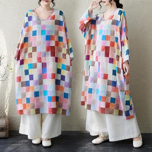 大きいサイズ 新品 秋冬 カラフルブロック柄Vネック長袖ワンピース ゆるかわ