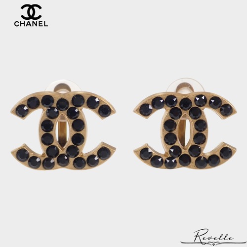 【CHANEL】シャネル ココマーク イヤリング ブラックラインストーン ゴールド レディース【アクセサリー】