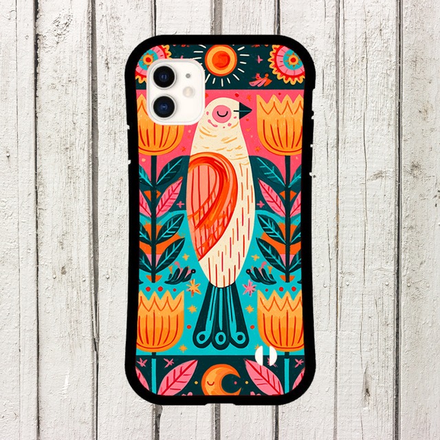 受注生産 iPhoneケース 赤い花と孔雀風モチーフの民芸柄｜鳥モチーフ PSYF032C
