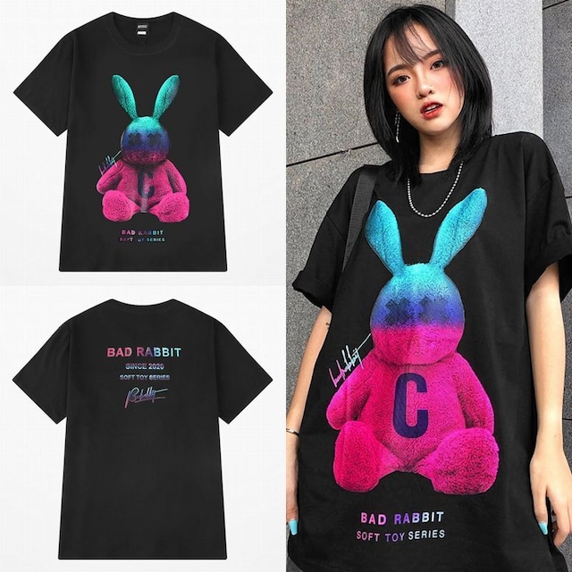 ユニセックス Tシャツ 半袖 メンズ レディース ラウンドネック ラビット うさぎのヌイグルミ プリント オーバーサイズ 大きいサイズ ルーズ ストリート TBN-616709422105