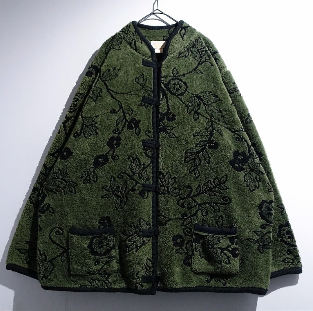 90s Green Flower Pattern Design Fleece China Jacket