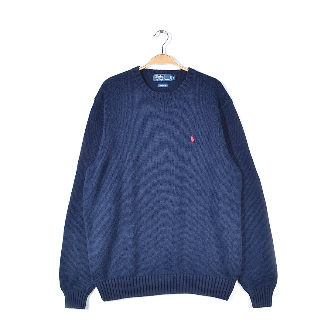 ラルフローレン コットンセーター クルーネック ワンポイントロゴ コットンニット RALPH LAUREN  メンズL 古着 @CH1076