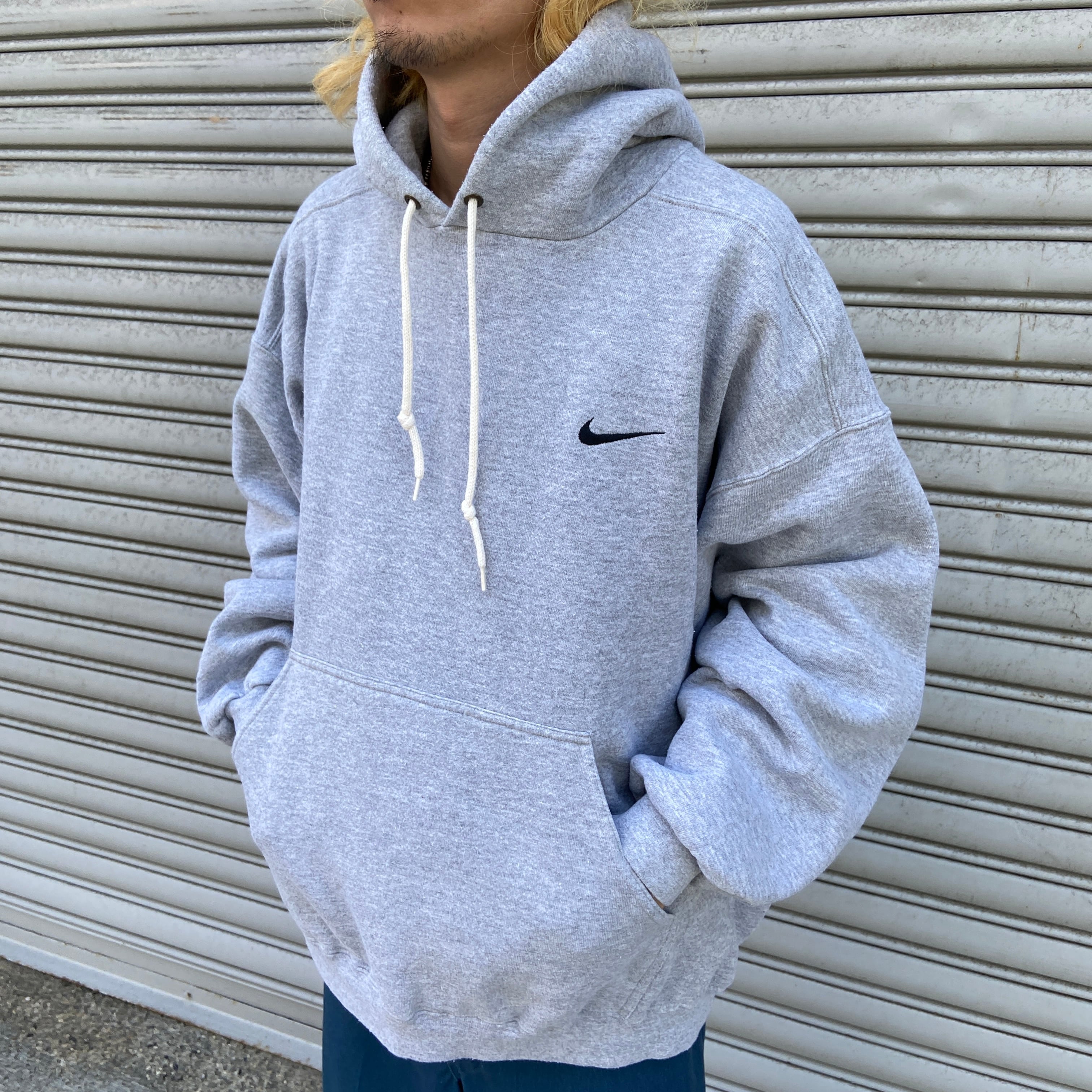 90s NIKE ワンポイントロゴスウェットパーカー フーディ グレー XL