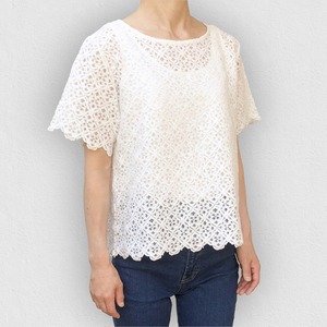 【総レース】大人可愛いトップス レースTシャツ ショート丈｜ホワイト