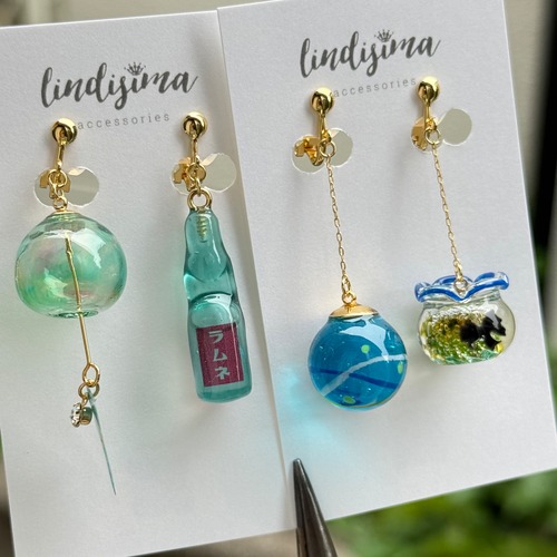 【片耳販売】日本の夏を感じる金魚鉢のミニチュアピアス イヤリング