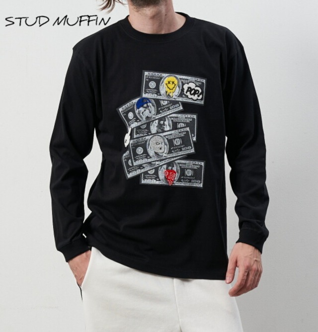 STUD MUFFIN スタッドマフィン ロンＴ 100DOLLAR サガラパッチ 長袖 Tシャツ カットソー メンズ トップス ブラック 324-02611