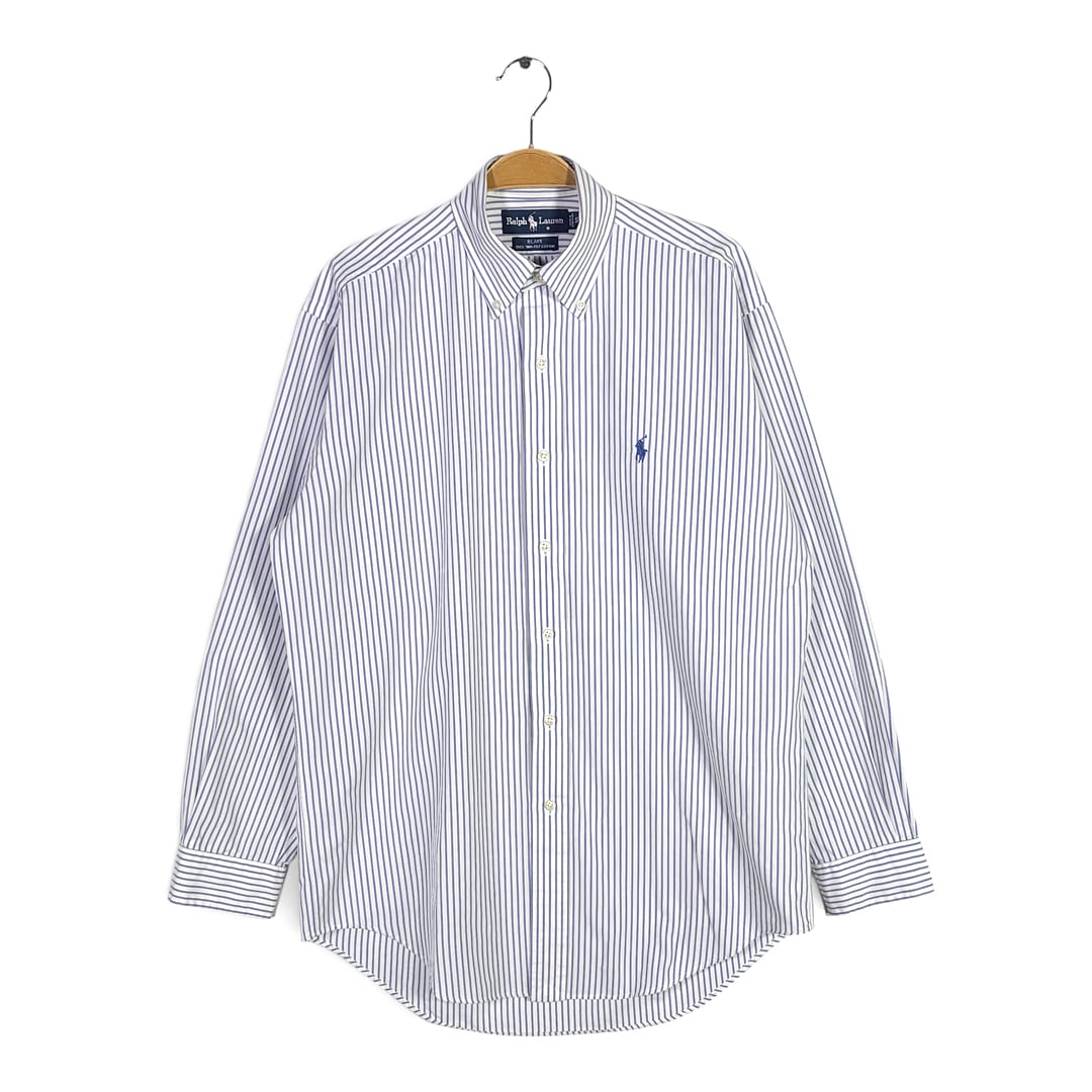 90s ラルフローレン ブレイク ストライプ ボタンダウンシャツ ワンポイントロゴ 青白 長袖シャツ RALPH LAUREN BLAKE サイズS 古着 CA1523