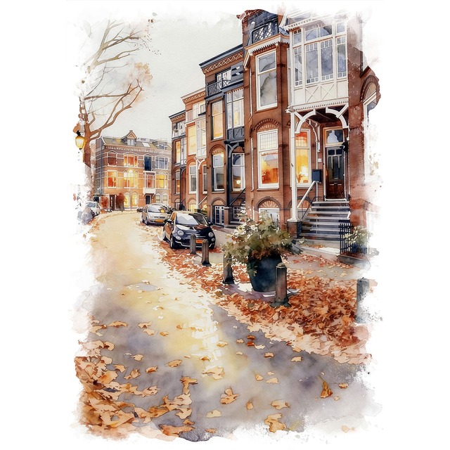 絵画 風景画(街並み) 秋 オランダ ユトレヒトの紅葉 インテリアアート額付き 水彩画・油絵調 WAT0533