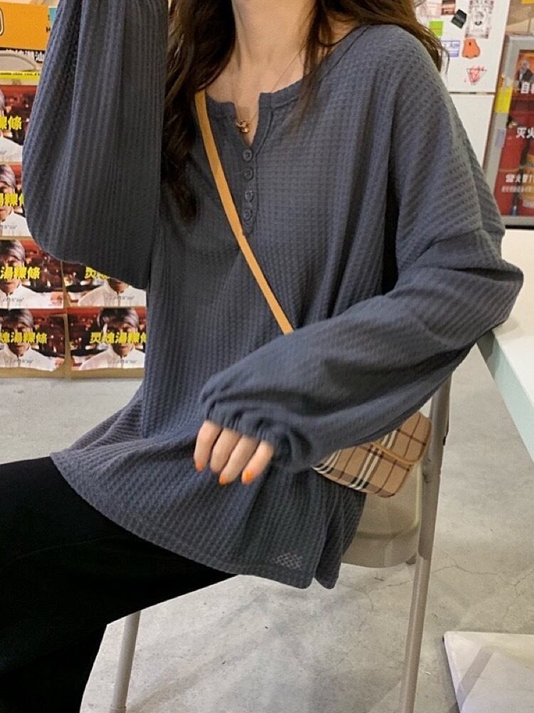 トレンド感溢れるワッフルデザイン カジュアルトップス 大人カジュアル ヘンリーネック ドロップショルダー シンプル リラックス ナチュラル 大きいサイズ 韓国 CH9966