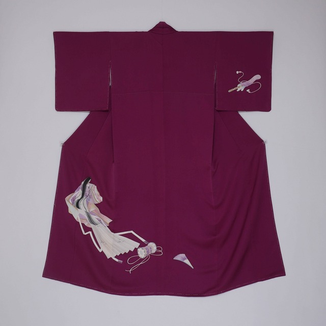 Vintage purple tsukesage-houmongi kimono with a Genji-monogatari style design (147 cm)