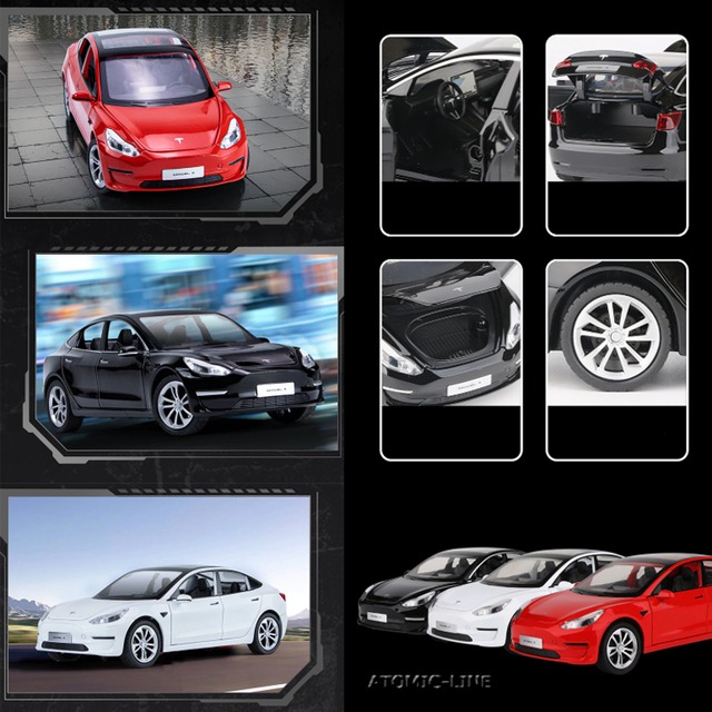テスラ MODEL3 1/24 ミニカー 全3色 ライト点灯 エンジンサウンド 合金モデル 模型 ジオラマ