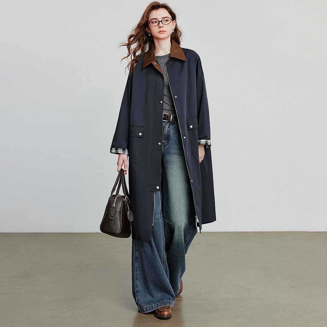 Plaid Cuffs Navy Long Coat / チェック カフ ネイビー ロング コート
