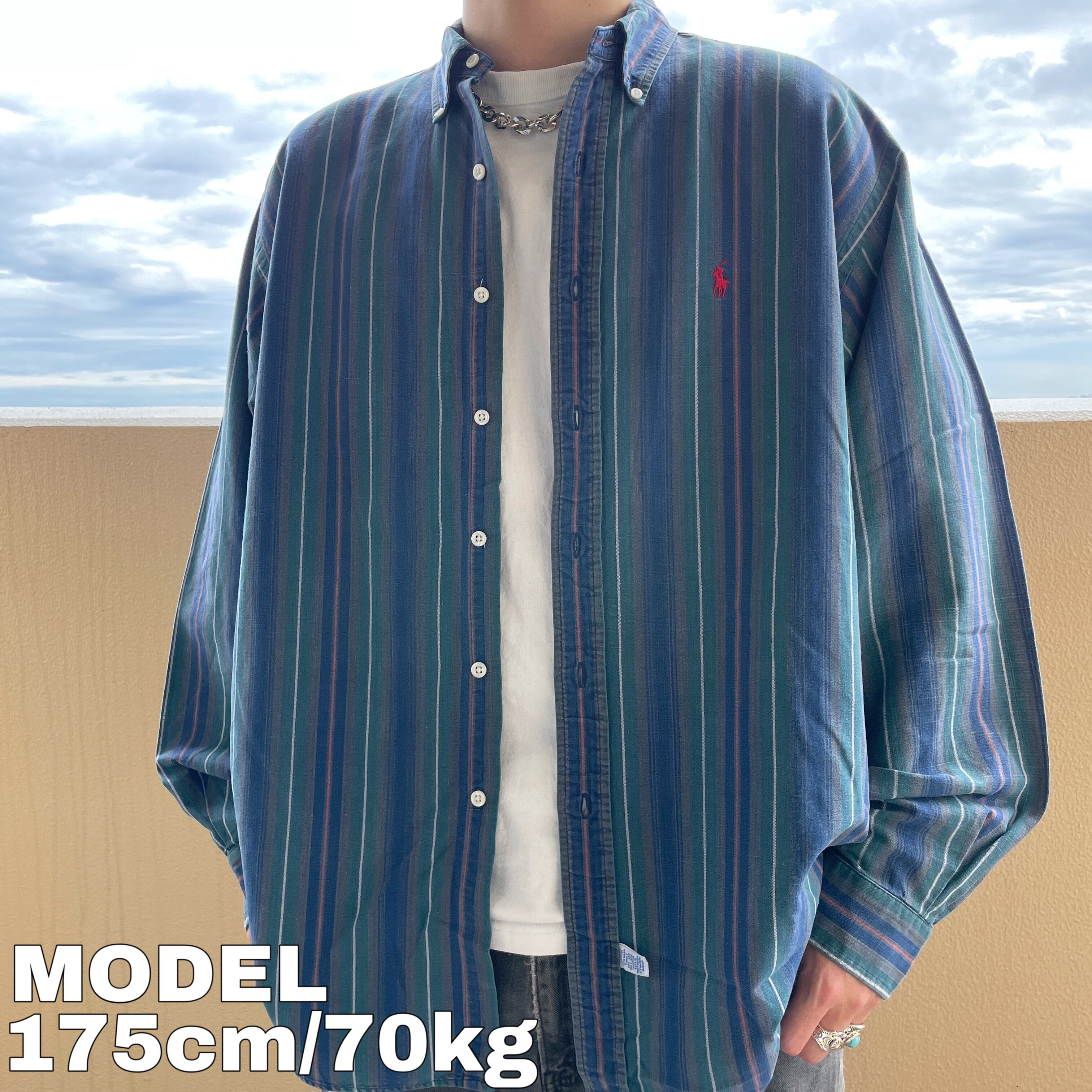 独特の上品 XL BDストライプシャツ ラルフローレン 90s ポニー刺繍 青 