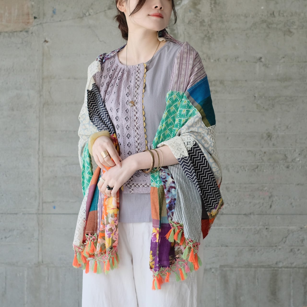 彩りをまとう♪カラフルパッチワーク大判ストール（25s-08）パターンA