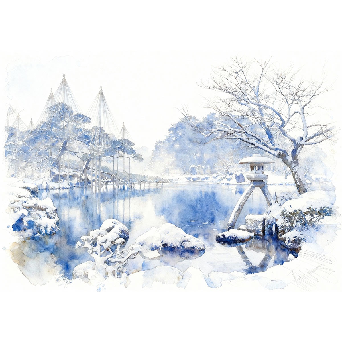 絵画(風景画) 日本 石川県 雪の兼六園 インテリアアート額付き 水彩画 