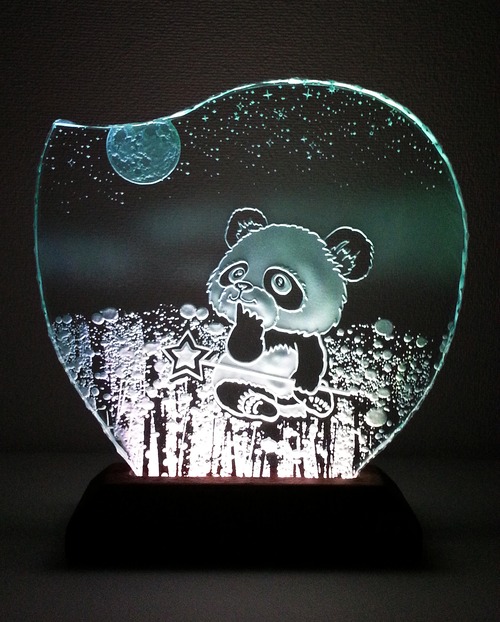 星遊び・パンダのガラスエッチングパネル Mサイズ・LEDスタンドセット 