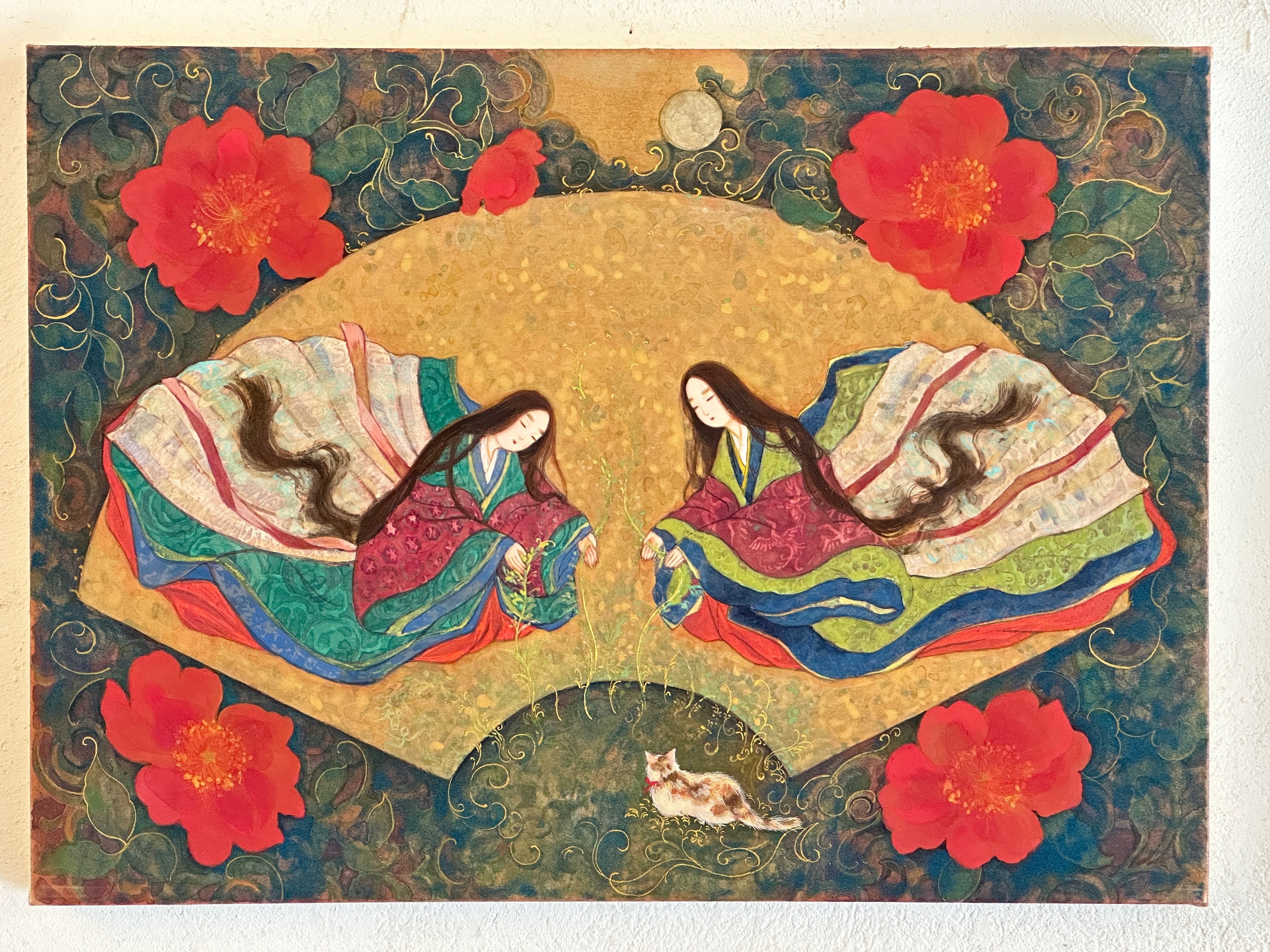 平安姫君と猫が宿る《萌》扇面日本画 原画 額装｜純金箔・岩絵具 中井