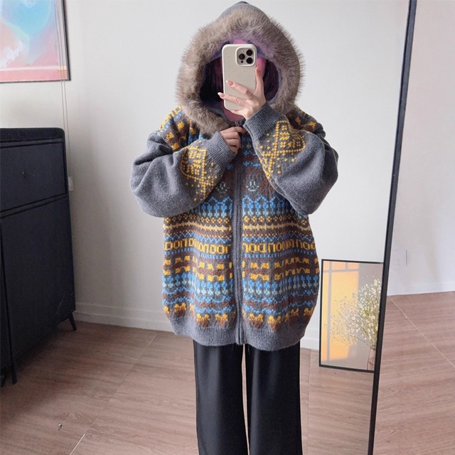 【outer】フードファーカラフルニットカーディガン Q7144