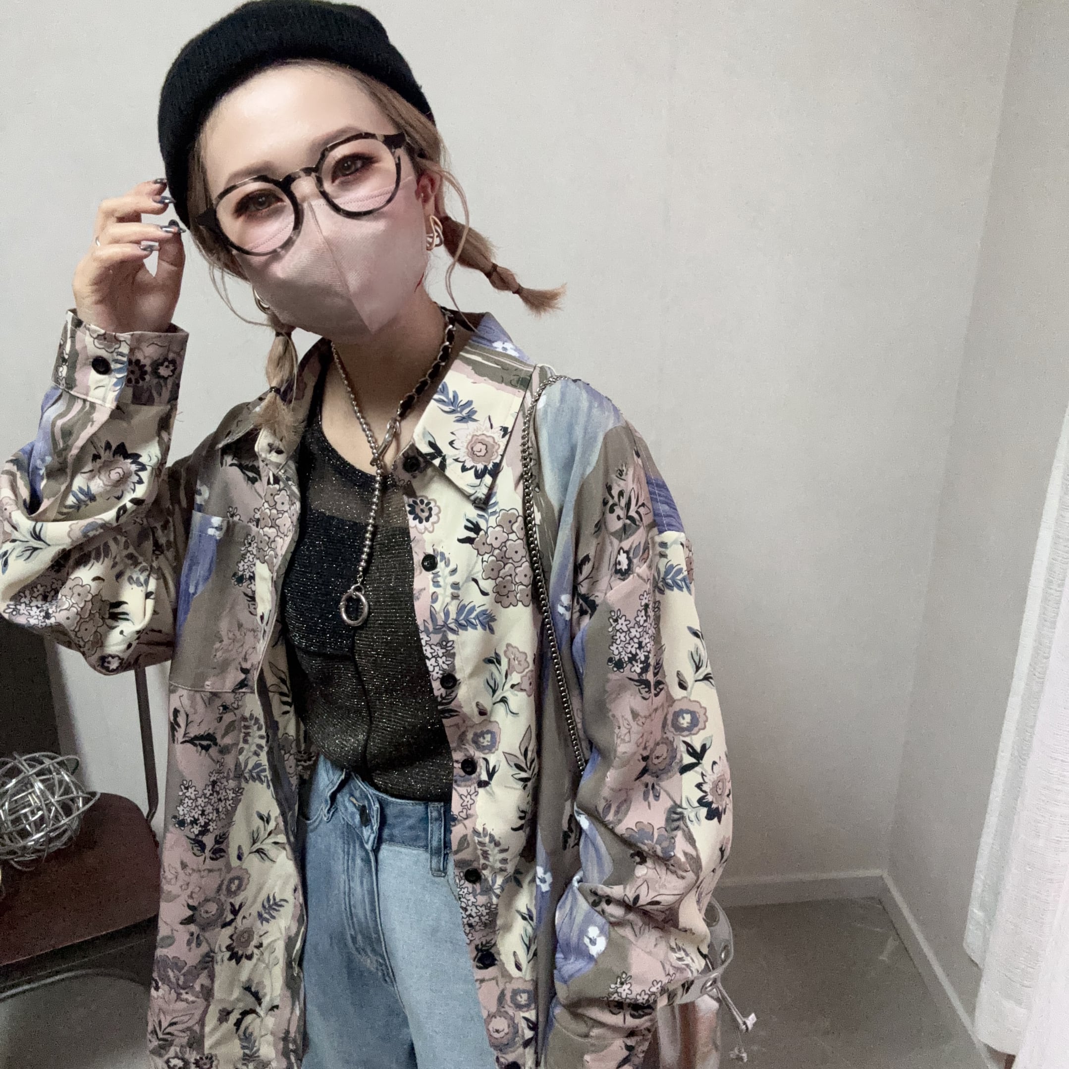 flower pattern nuance long shirt【White】