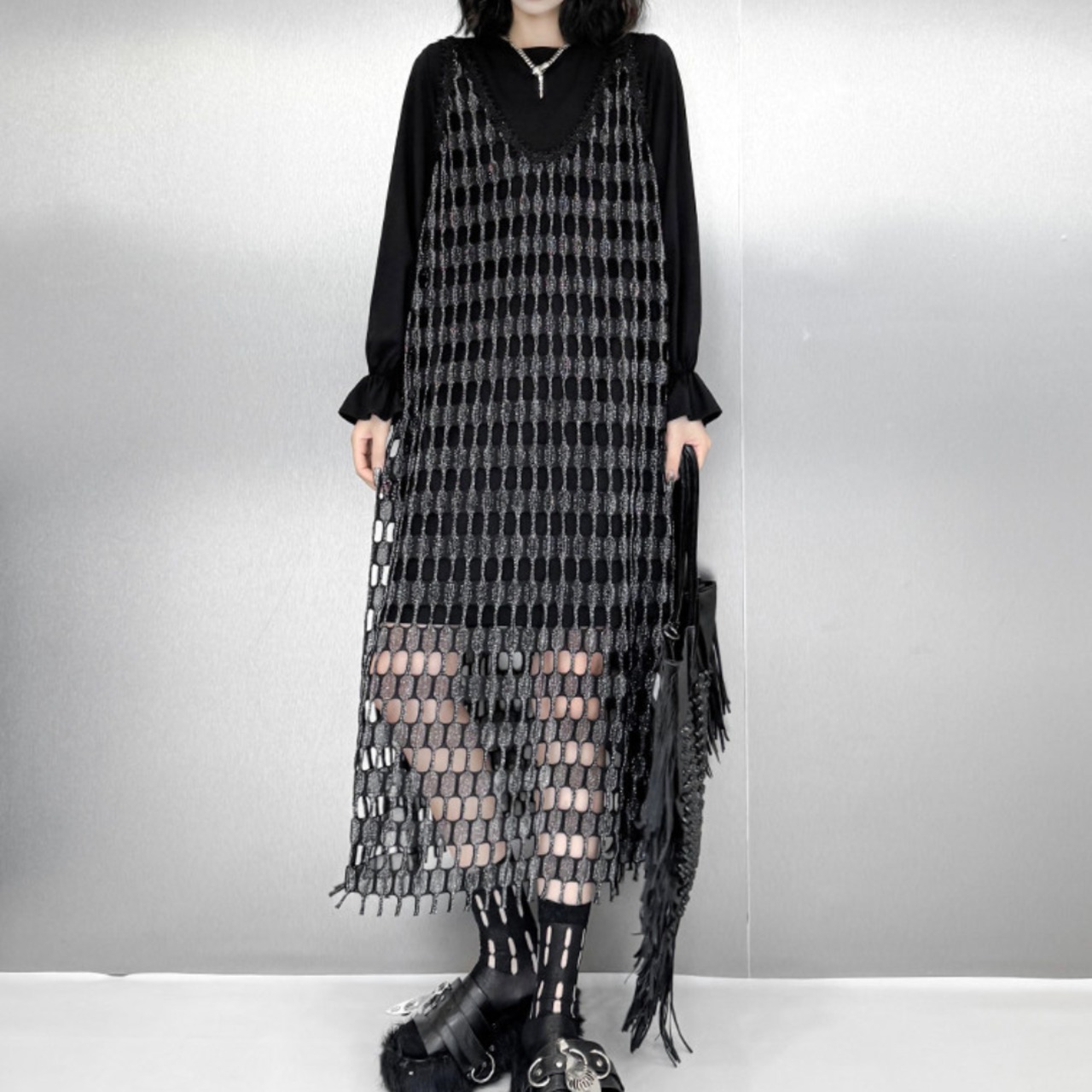 Silver mesh vest and long-sleeved T-shirt two-piece set (ME384)