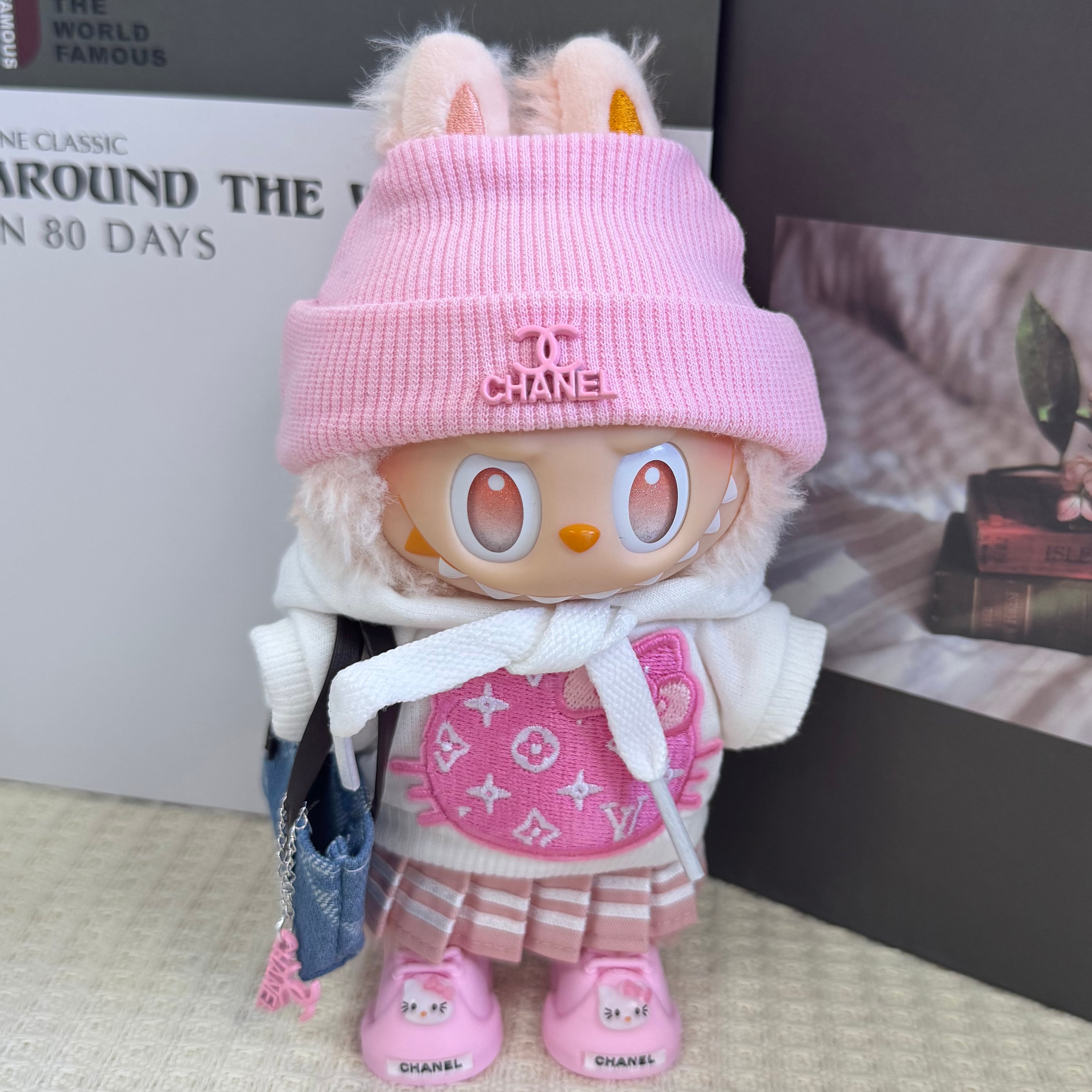 お出かけ猫ちゃんコーデ!Labubu ピンク 猫の服セット(靴・バッグ付属) 可愛いストリートファッション 15cm/17cm ラブブ