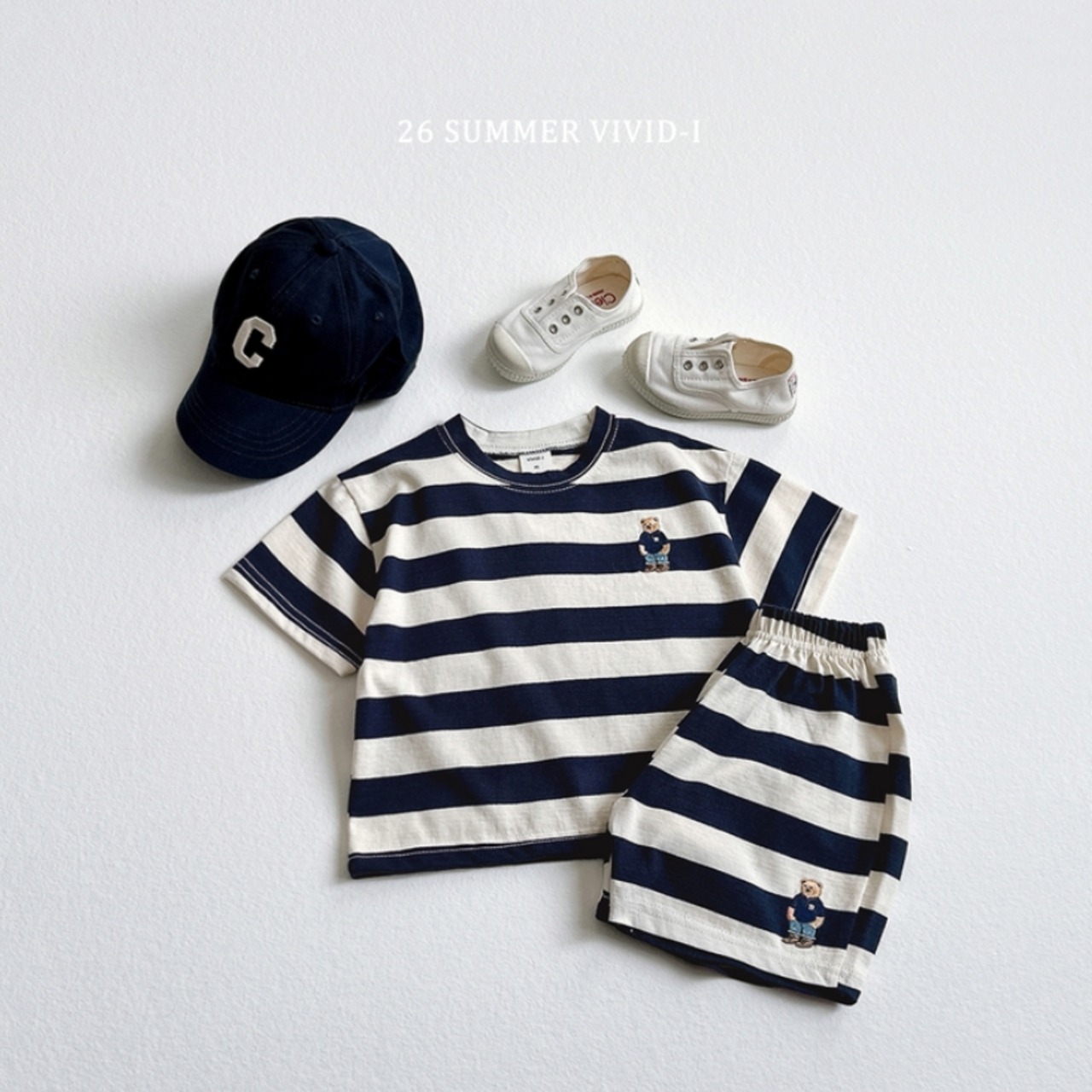 【取寄/韓国直送】VIVID-I 26/SM  モベア刺繍ボーダー上下セット｜夏服｜韓国子供服
