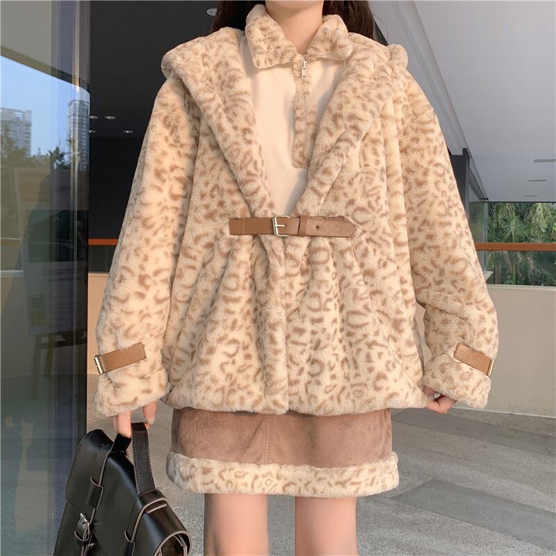 ファーコート レディースウィンターベルベットレオパードルーズブラウス 冬物 萌量不足24577192095
