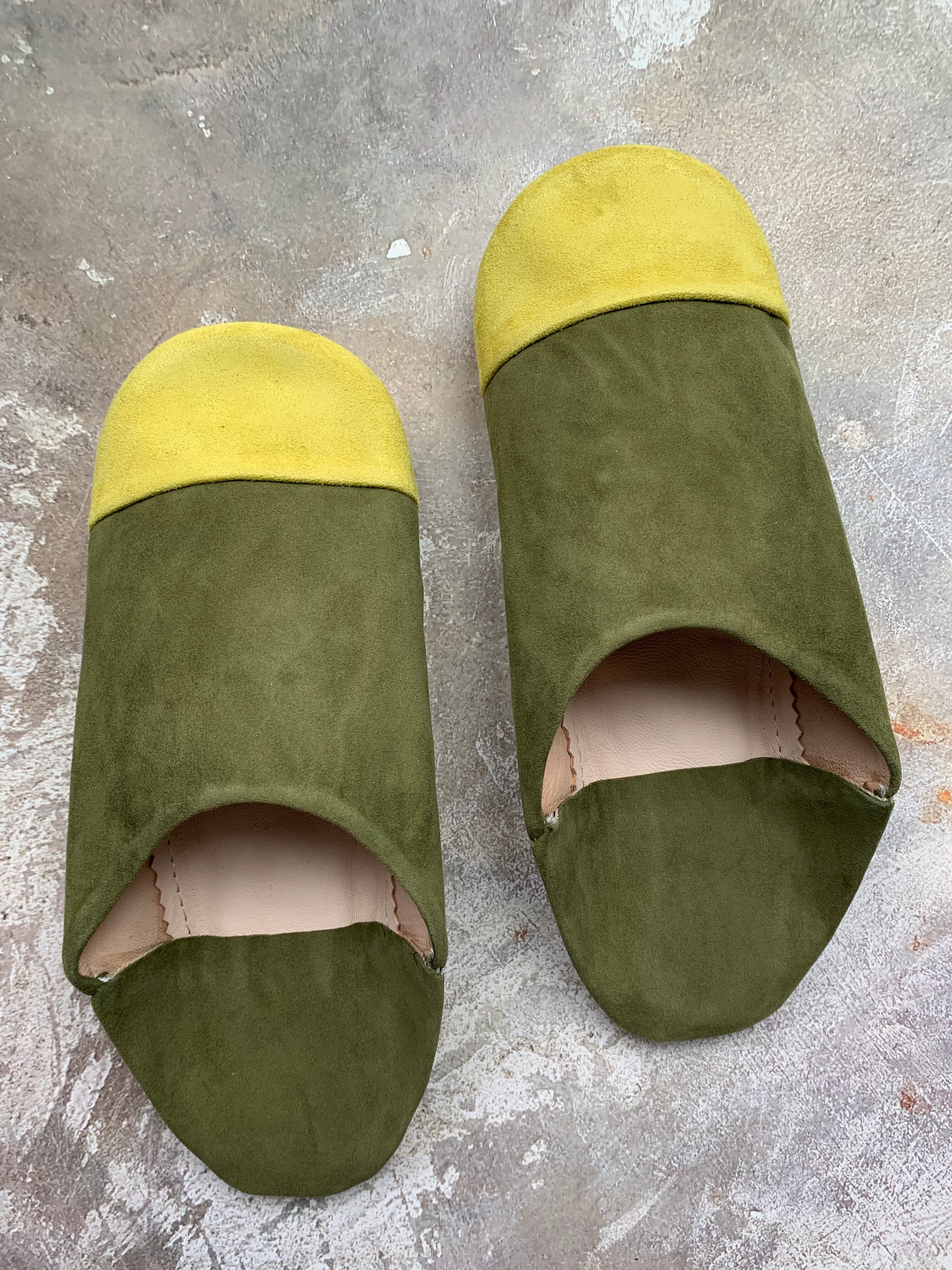 モロッコスエードバイカラーバブーシュ(カーキ)