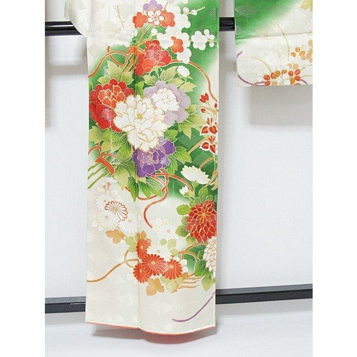 振袖 正絹 綸子(金通し)重ね衿 刺繍 流水に千羽鶴 158cm前後 振袖 正絹 綸子(金通し)重ね衿 刺繍 流水に千羽鶴 158cm前後
