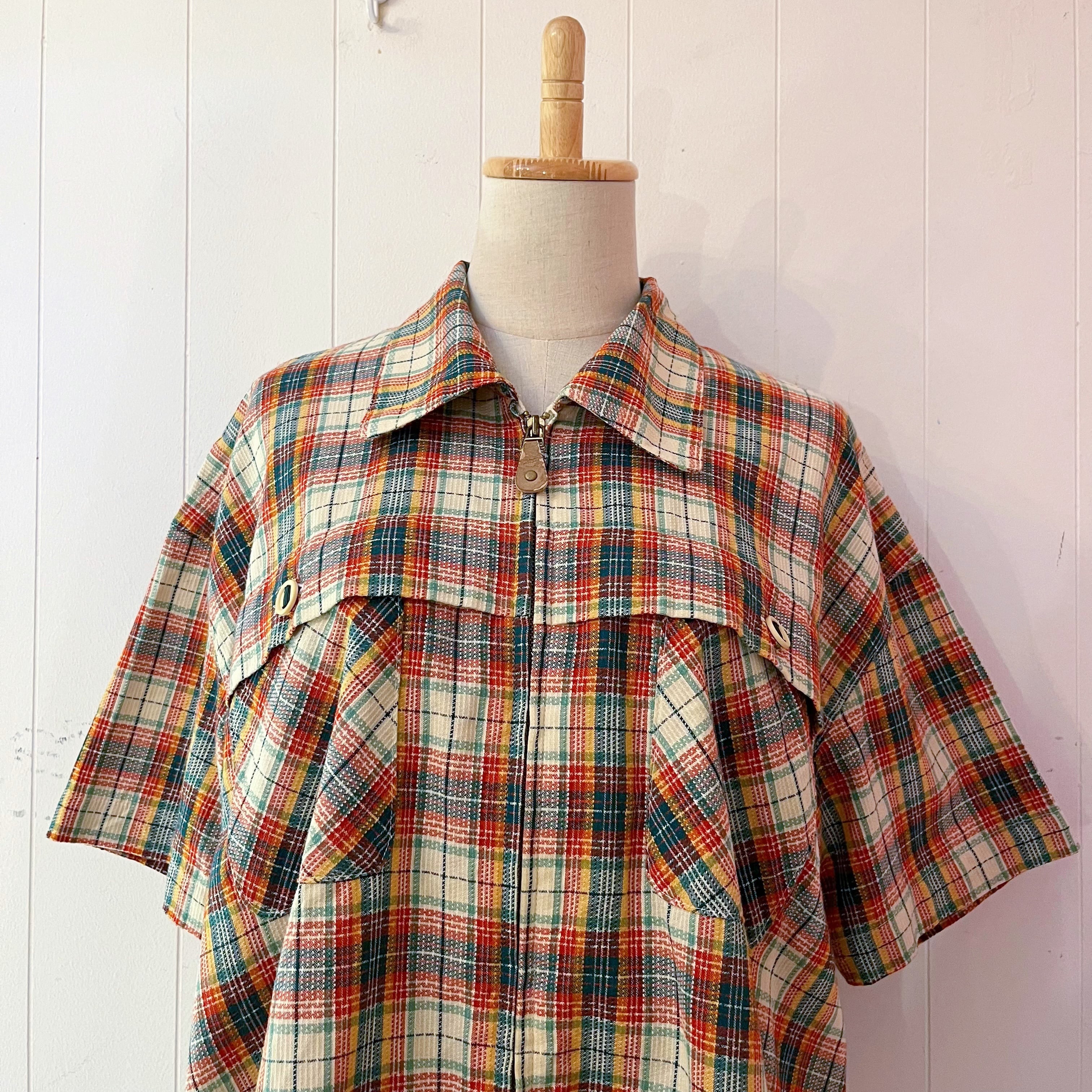 green madras check zip-up shirt