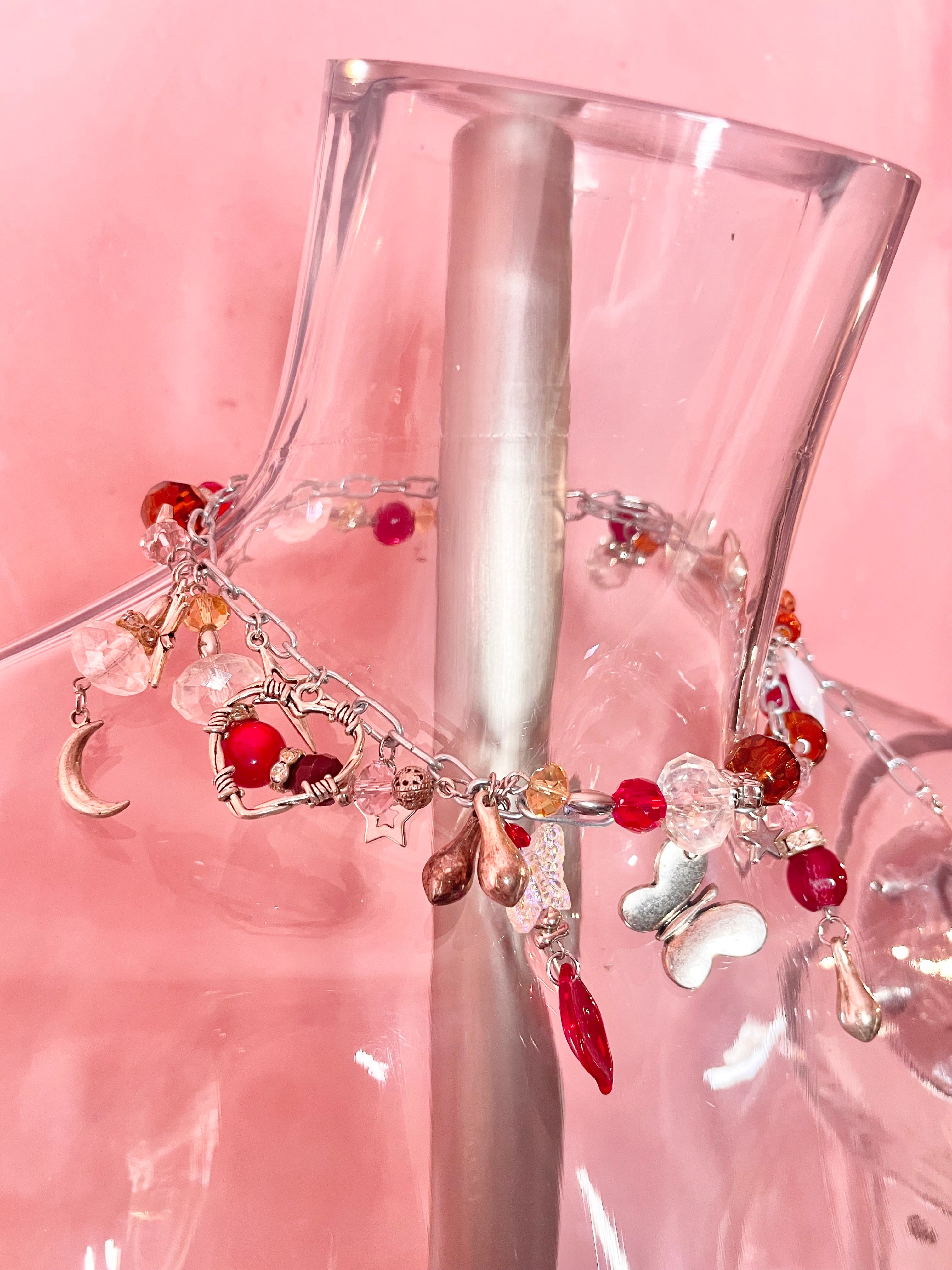Chunky Charm Necklace 〈Silver red〉