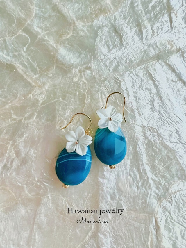 Lanikai blue Agate×Plumeria earring(ラニカイブルー瑪瑙天然石×プルメリアピアス、イヤリング)
