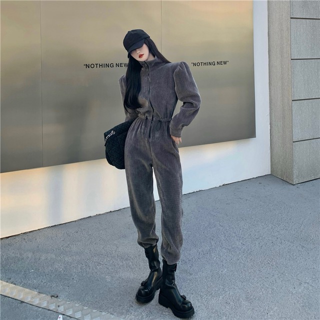 オールオンワン レディース ロング丈 長袖 無地 春 スリム 細身 ファスナー かわいい 大人可愛い きれいめ シンプル カジュアル 大人 上品 おしゃれ お洒落 かっこいい レトロ 大人可愛い 大人女子 メンズライク ハイネック ロング 袖あり 黒 ブラック 灰色 グレー くすみ