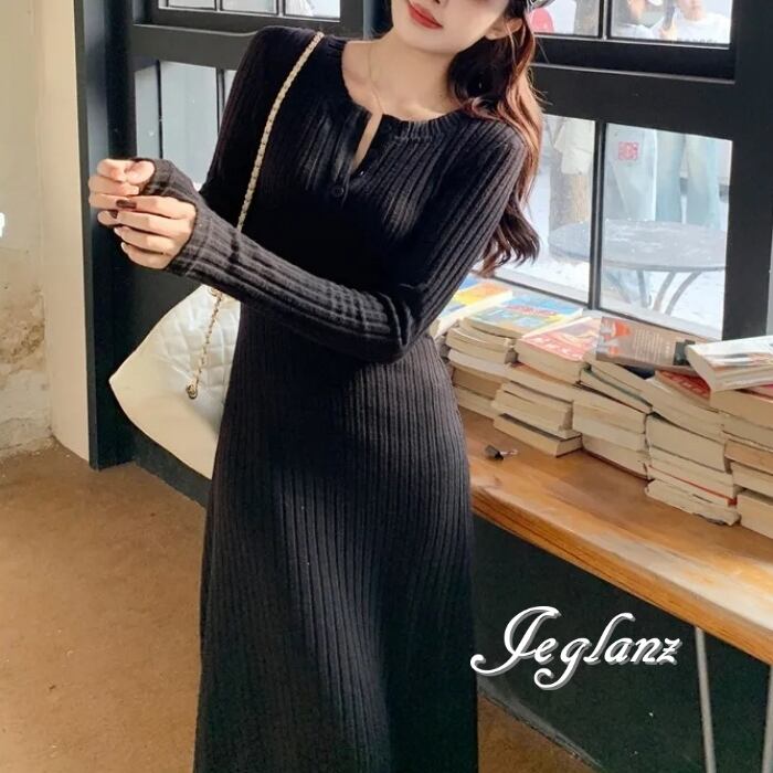 3色 ニット ワンピース Aライン ボタン きれいめ シンプル派(MB262)γ