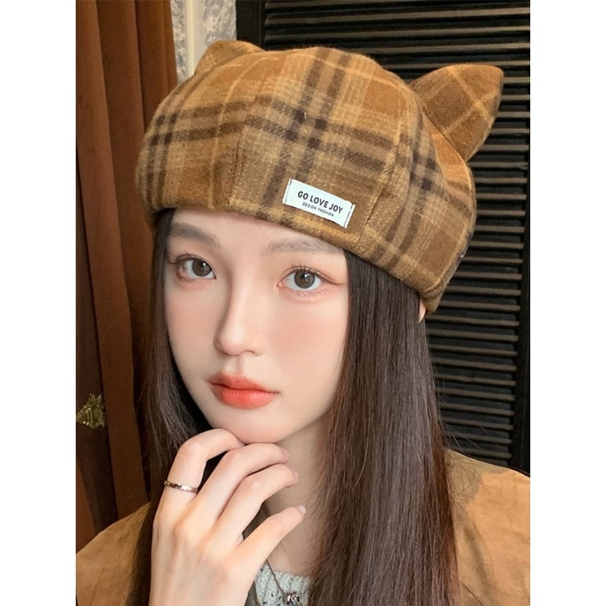 クラロリ ケモ耳帽子 猫耳デザインのチェック柄ベレー帽 ｜WithU