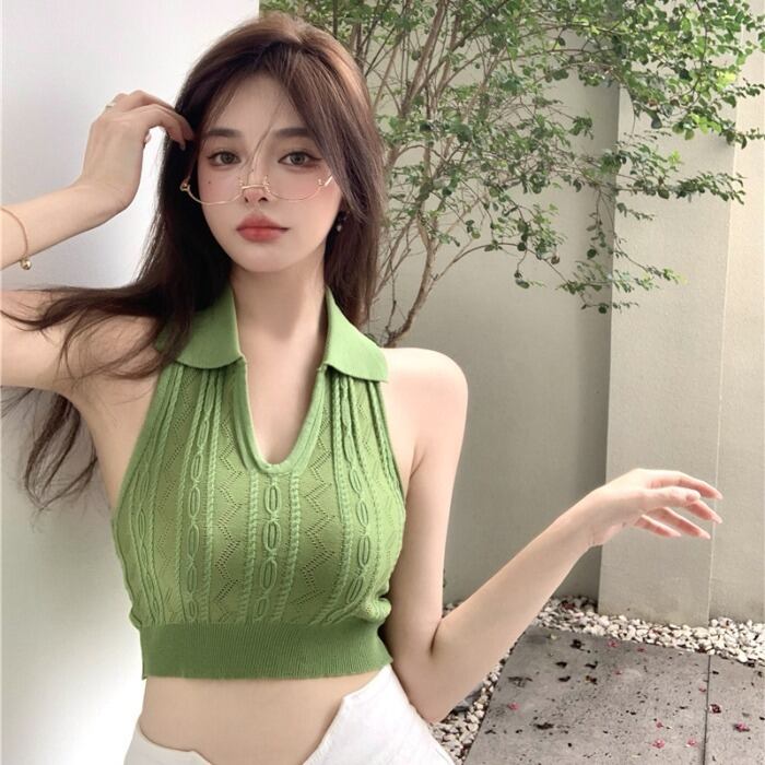 カラーニットハイウェストノースリーブトップス シャツ ガールズファッション10984244539