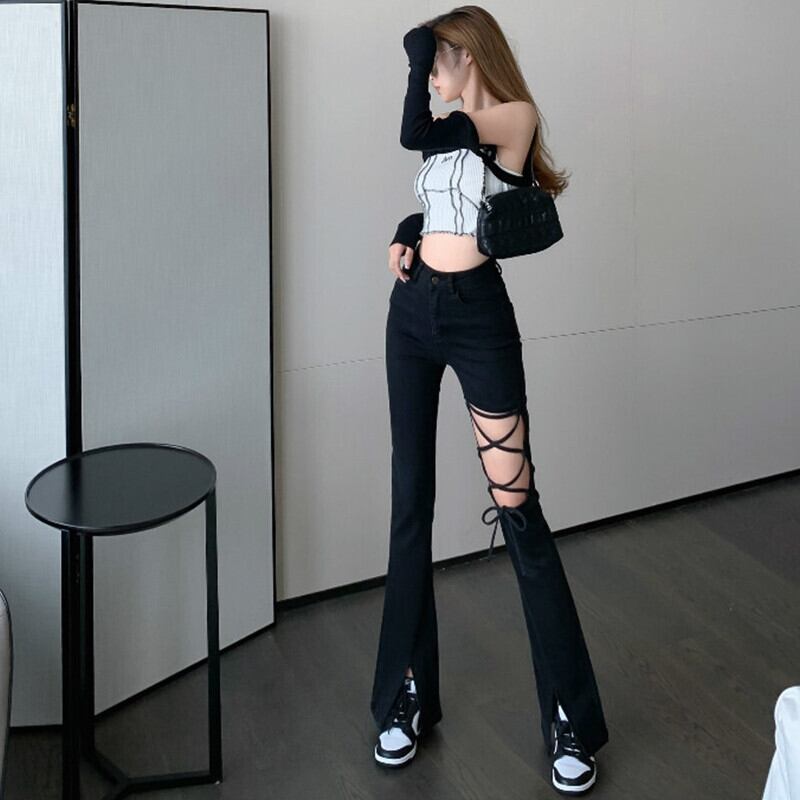 ブラックジーンズ オータムバンドスリットパンツ 秋物 ガールズファッション46619815498