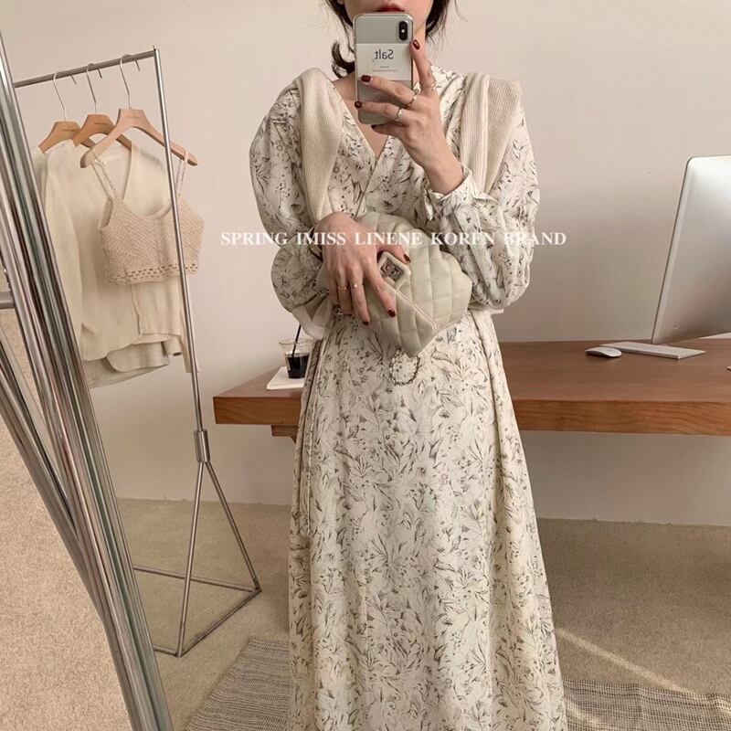 サイドVネックフローラルスカート スタイルシングル長袖スリーブドレス レディース ロング 花柄 ビッグFスモールZ韓国41977319670