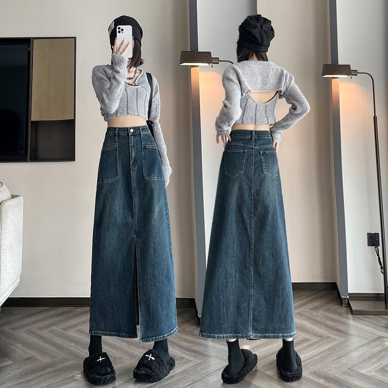 ハイウエストスリットロングデニムスカート スカート ロングスカート デニムスカート ロング マキシ丈