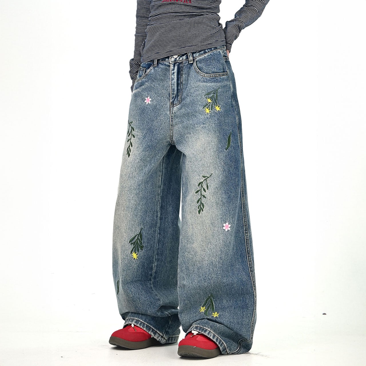 フラワーリーフステッチデニムパンツ 2col R01020