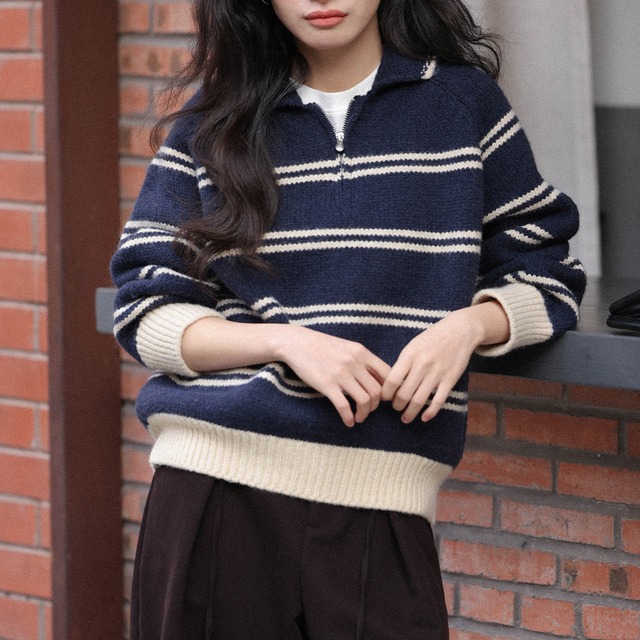 striped zip up knit pullover