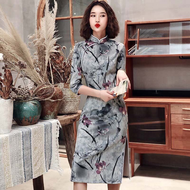 チャイナドレス 改良型 チャイナ風ワンピース デート 女子会 同窓会 プレゼント パーティー 通勤 長袖 大きいサイズ M L Ll 3l 4l スタンドネック レトロ プリント スリット 花柄 グレー 灰色 Dresszone