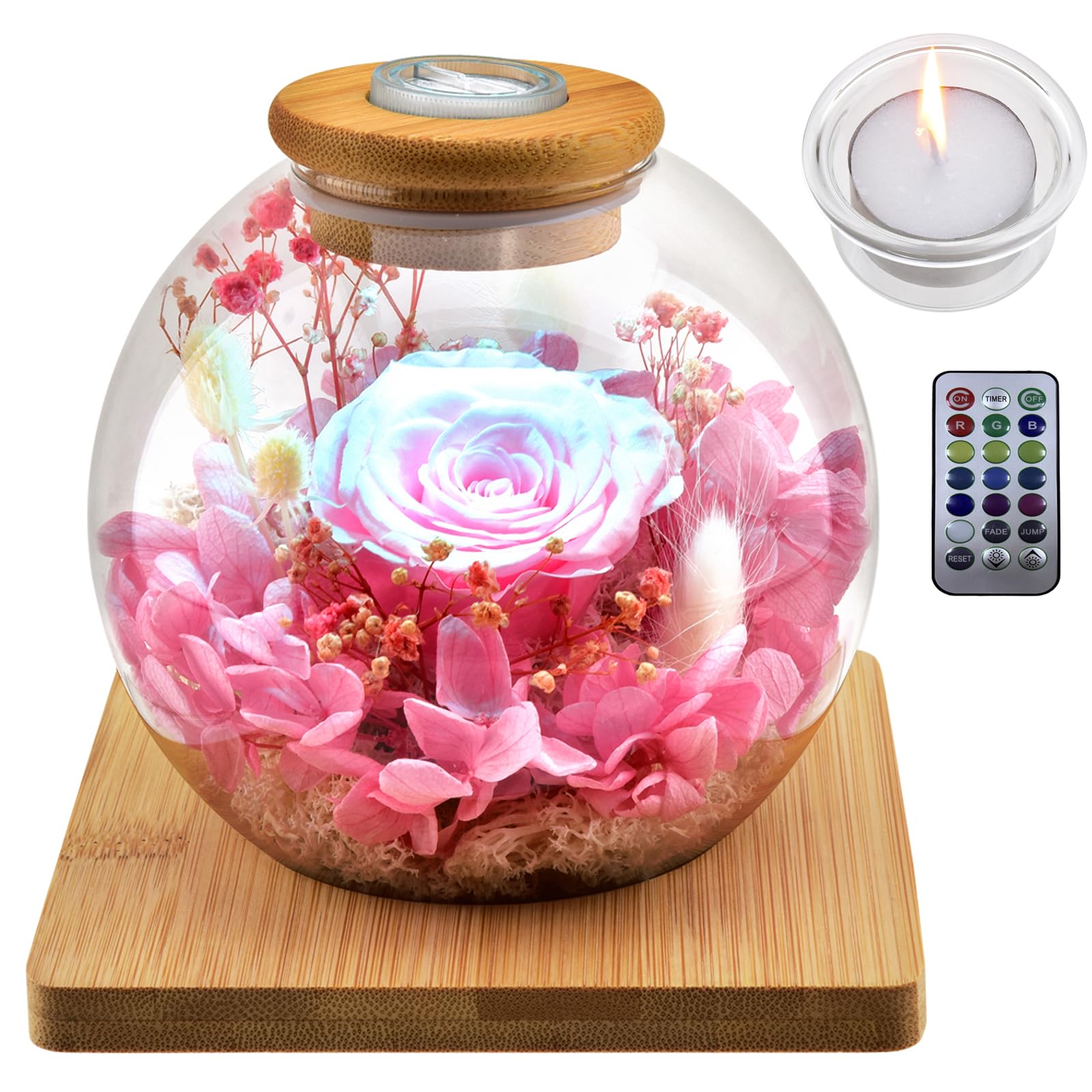 【特価処分】母の日 ギフト プリザーブドフラワー ピンク (ブリザードフラワー) ガラスドーム 2WAY キャンドルホルダー & LEDライト付き リモコン操作 枯れない花 退職祝い 女性 母の日 インテリア 記念日 (ピンク)