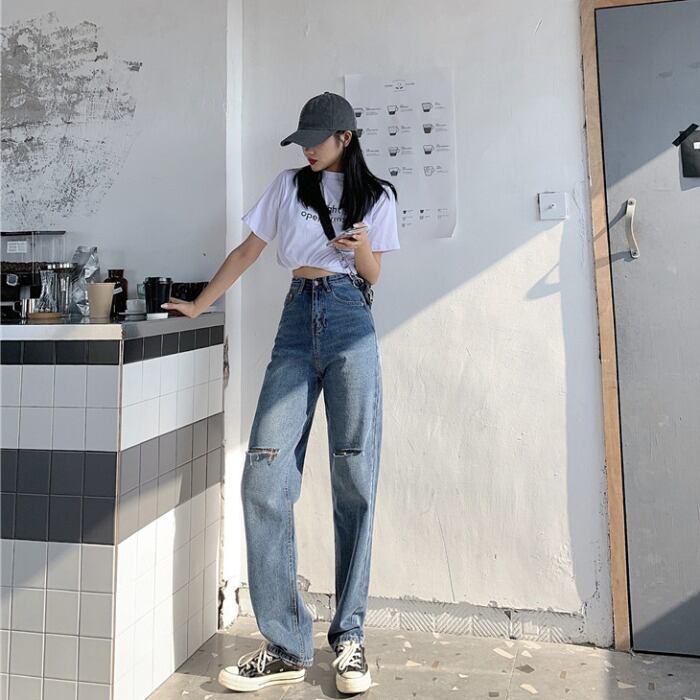 レトロなブルーの破れたジーンズの女性の2020年初秋ハイウエストルーズで薄いドレープストレートワイドレッグパンツの新バージョン クレセントシティ75678946867