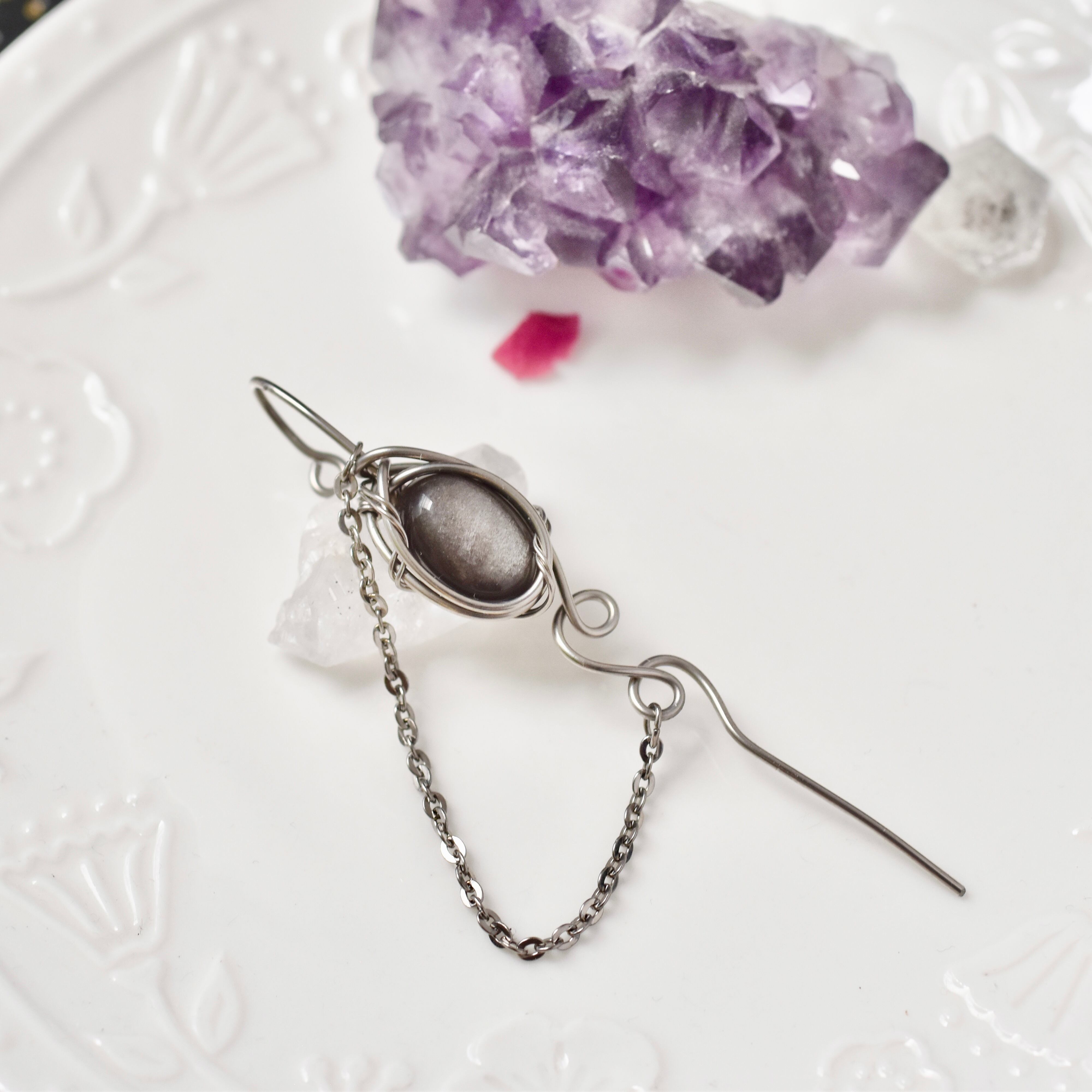 チェーン付き＊シルバーオブシディアンのイヤーラップピアス