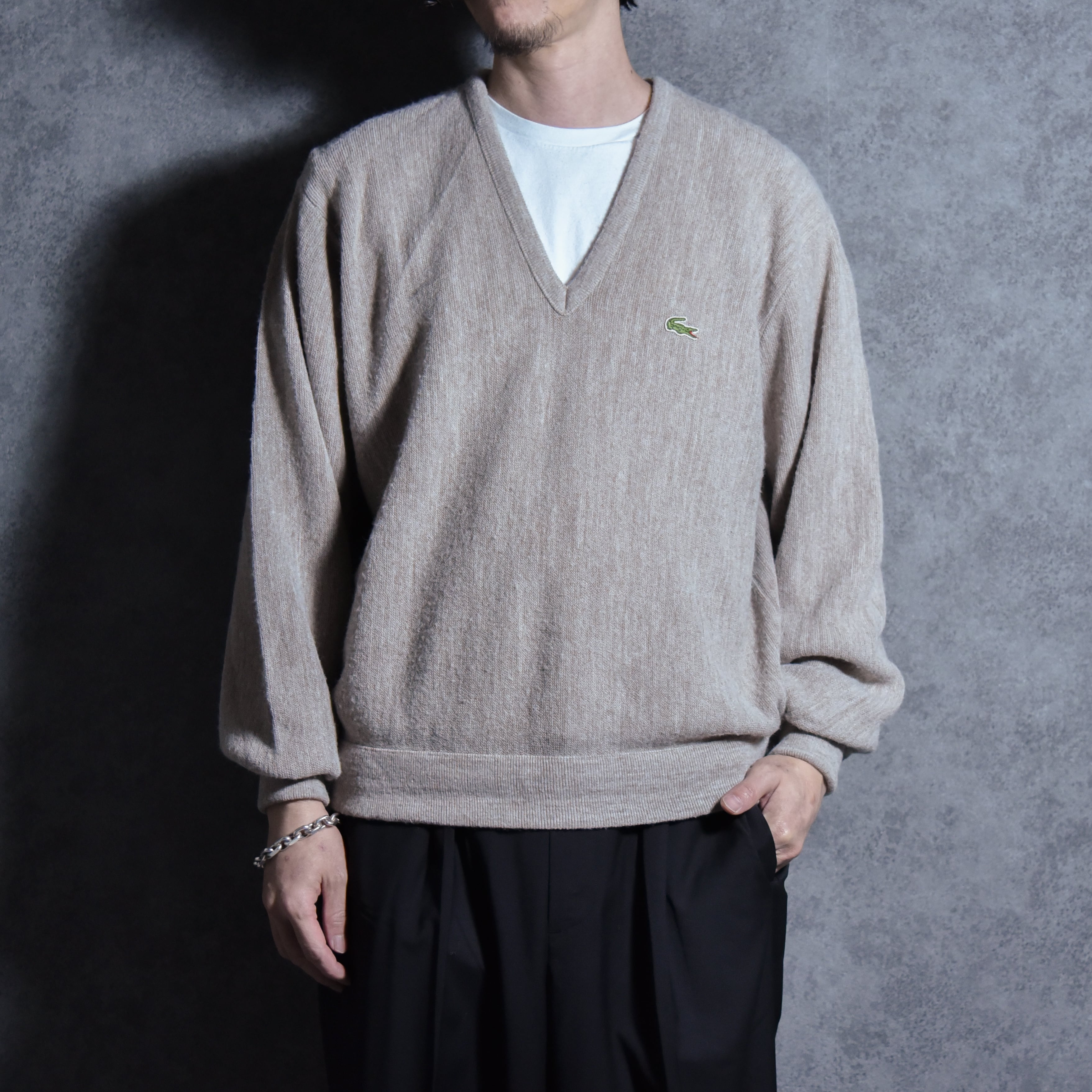 アイゾットラコステ 80s ヴィンテージ 長袖 Vネック ニット M アイボリー IZOD LACOSTE セーター メンズ 70-80s IZOD LACOSTE Vintage V Neck Sweater Beige アイゾッド