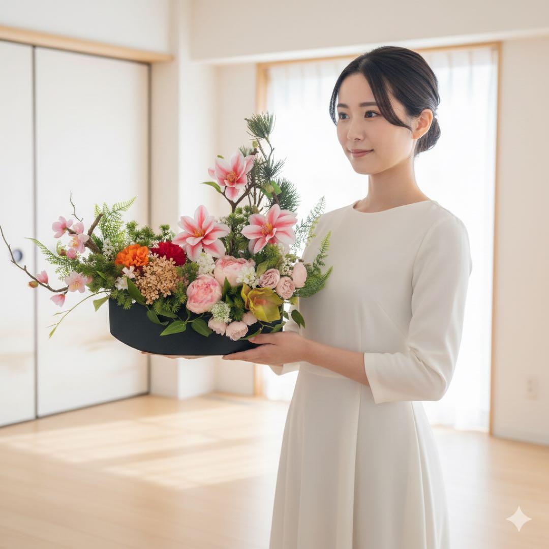 木蓮が咲き誇る オーバルモダンアレンジメント｜横長デザイン・光触媒