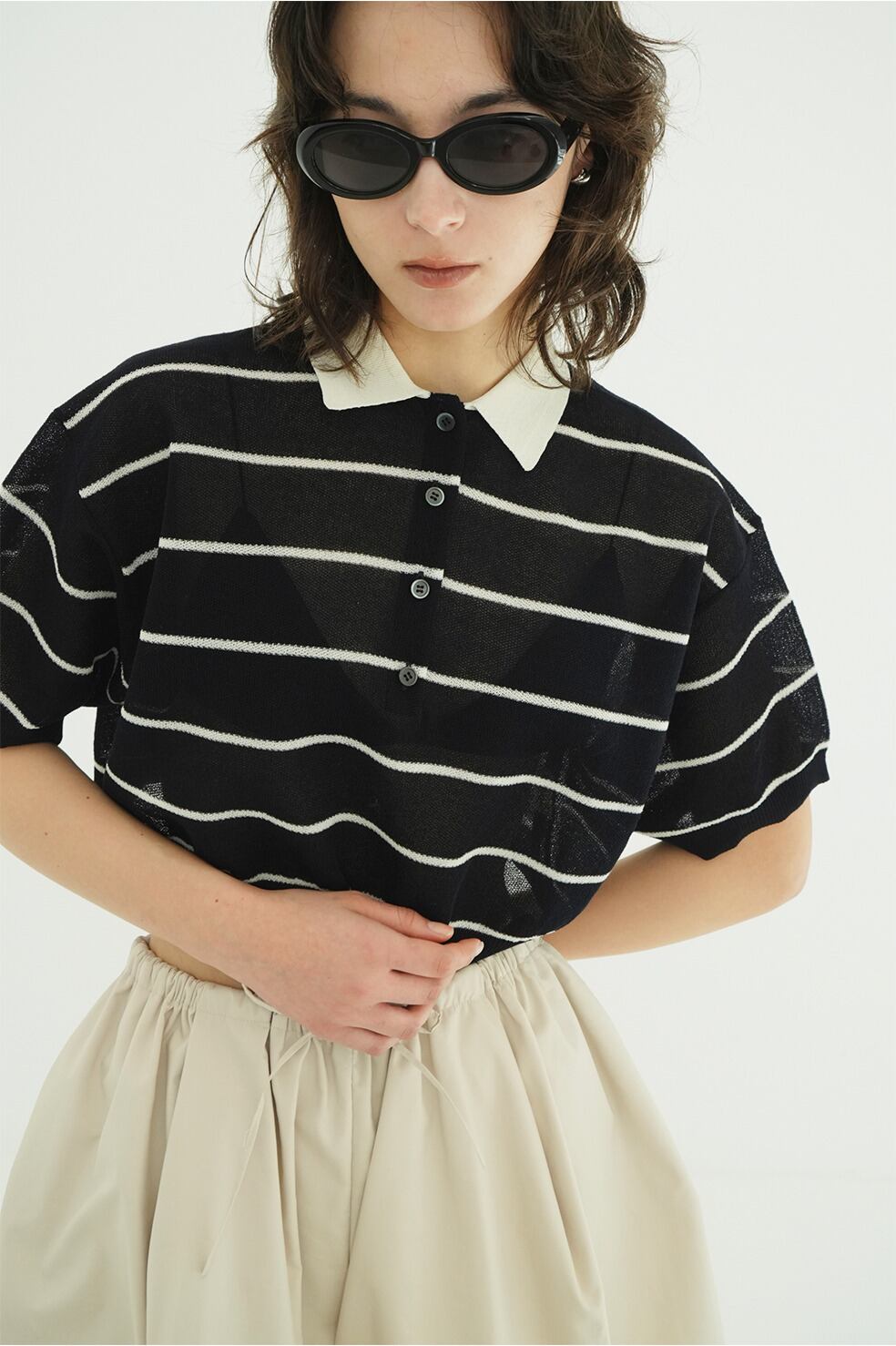 トップス CLANE SPONGY SHEER POLO KNIT TOPS CLANE - ボーダーポロトップス - SPONGY SHEER POLO KNIT TOPS (BLUE