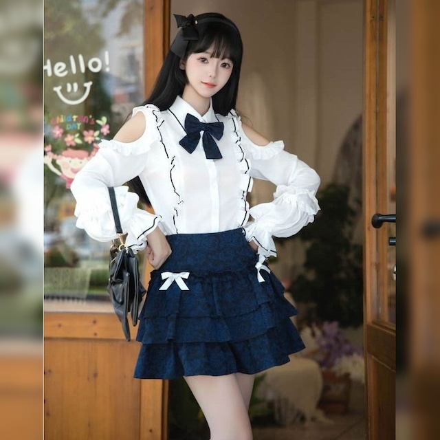 お嬢様風オープンショルダーフリルセットアップ：トップス