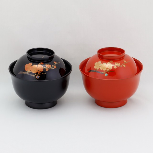 1016 輪島塗 夫婦吸物椀／端反形／紅白梅蒔絵